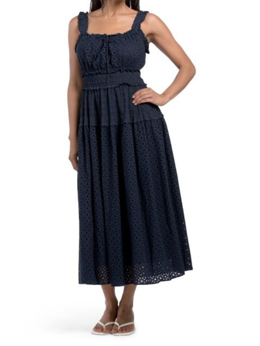 ELIE TAHARI Sleeveless Square Neck Smocked Waist Eyelet Maxi Dress